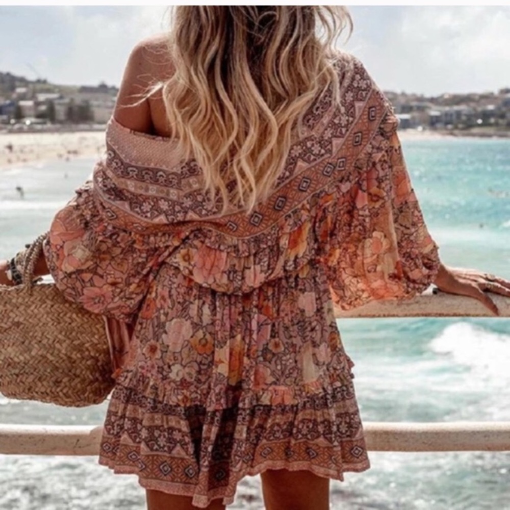 SOLD OUT Gypsy Boho Festival Floral Mini Long Sleeve Dress - Picture 6 of 9